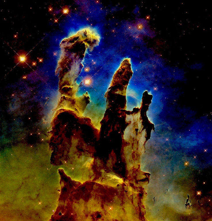 Pillars of Creation: interstellar gas and dust in the Eagle Nebula, some 6,500-7,000 light years from Earth where stars are born
